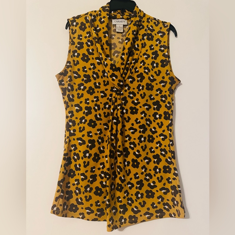 Carmen Marc Valvo tiger print sleeves blouse Size S. 95% Polyester 5% Spandex